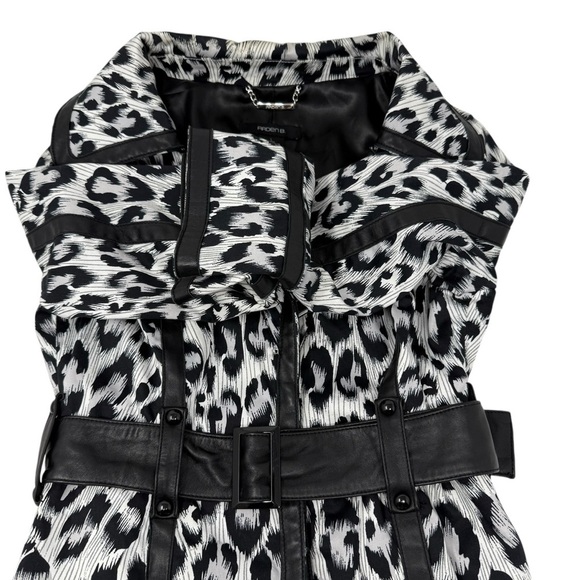 Arden B. Leather Trim Leopard Animal Print Belted Trench Coat Size L Black White - Picture 13 of 15